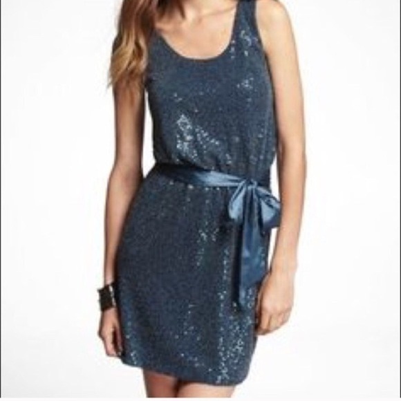 𝅺EXPRESS Teal Sequin Low Surplice Back Cocktail Mini Dress - Picture 14 of 14